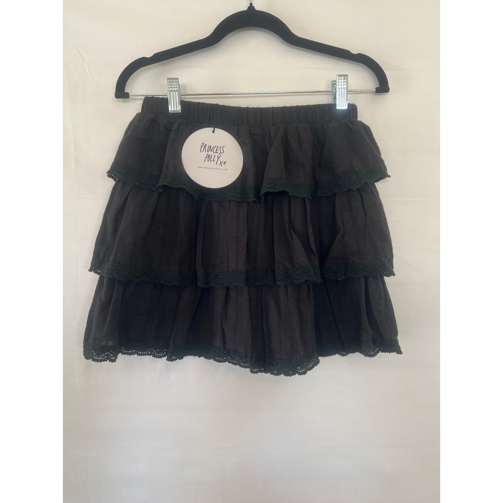 Princess Polly Sound Check Mini Skirt Black Lace Trim Tiered Ruffle US 4 NWT